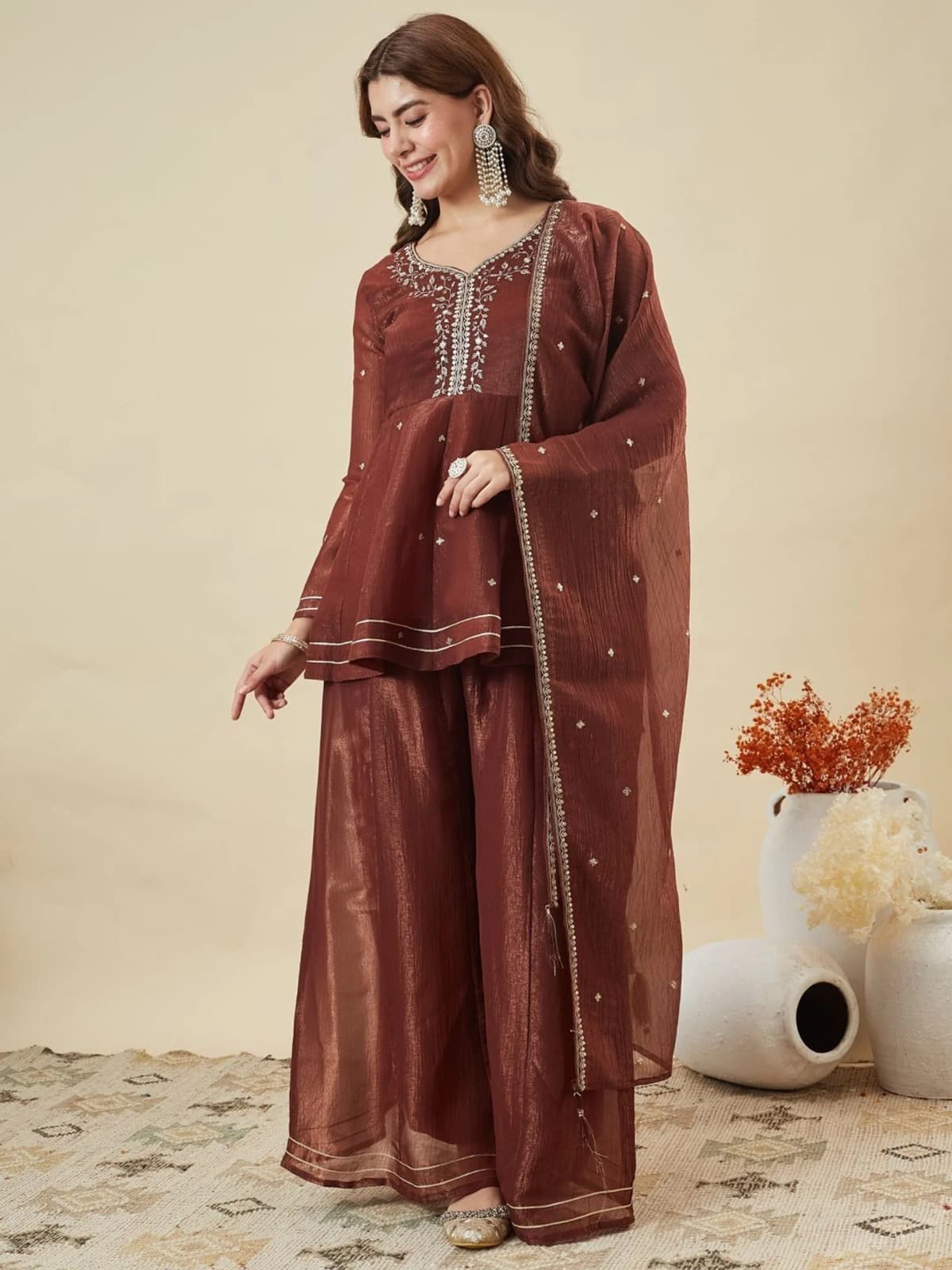 Wine Embroidered Sharara Suit Set