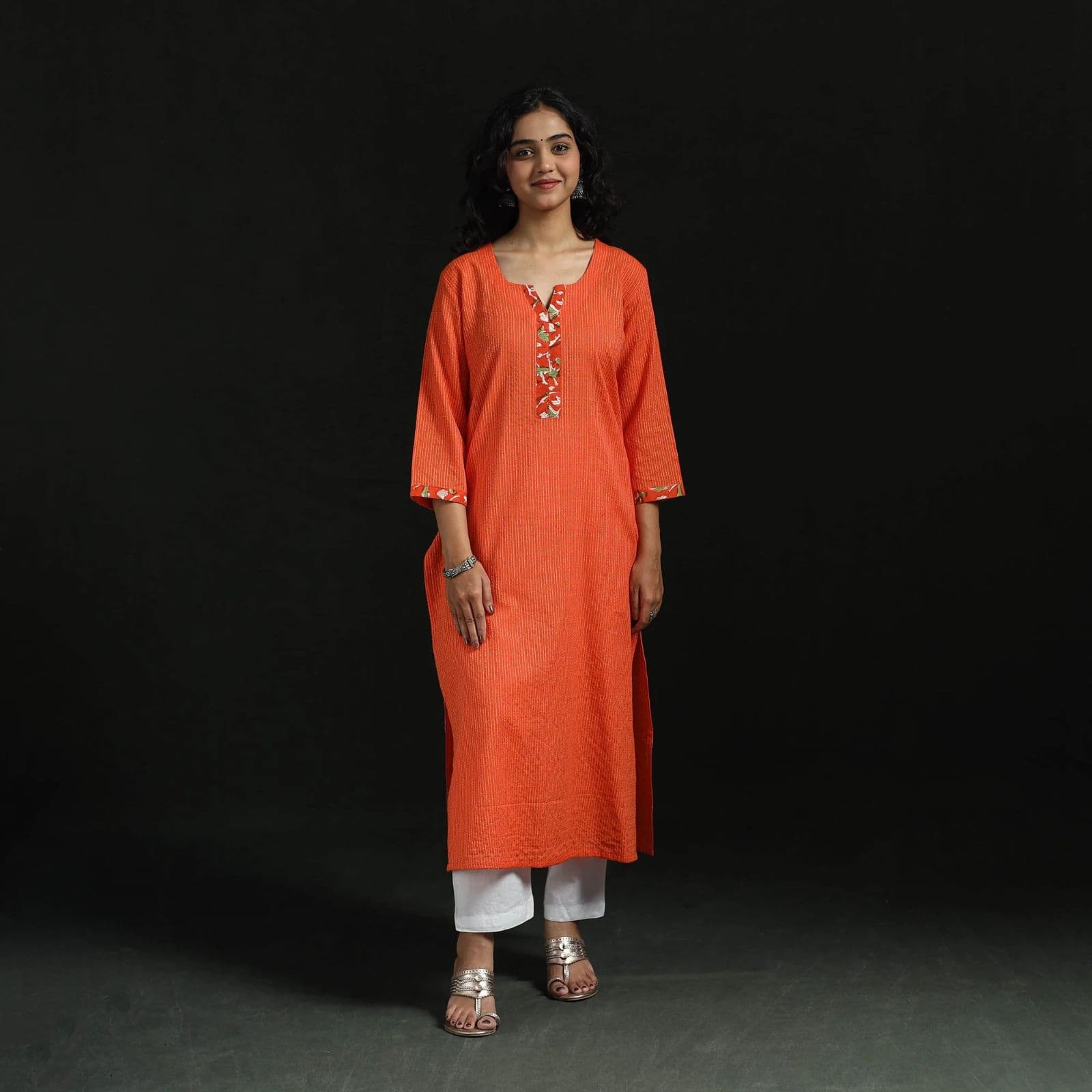 Tangerine Textured Straight Kurti