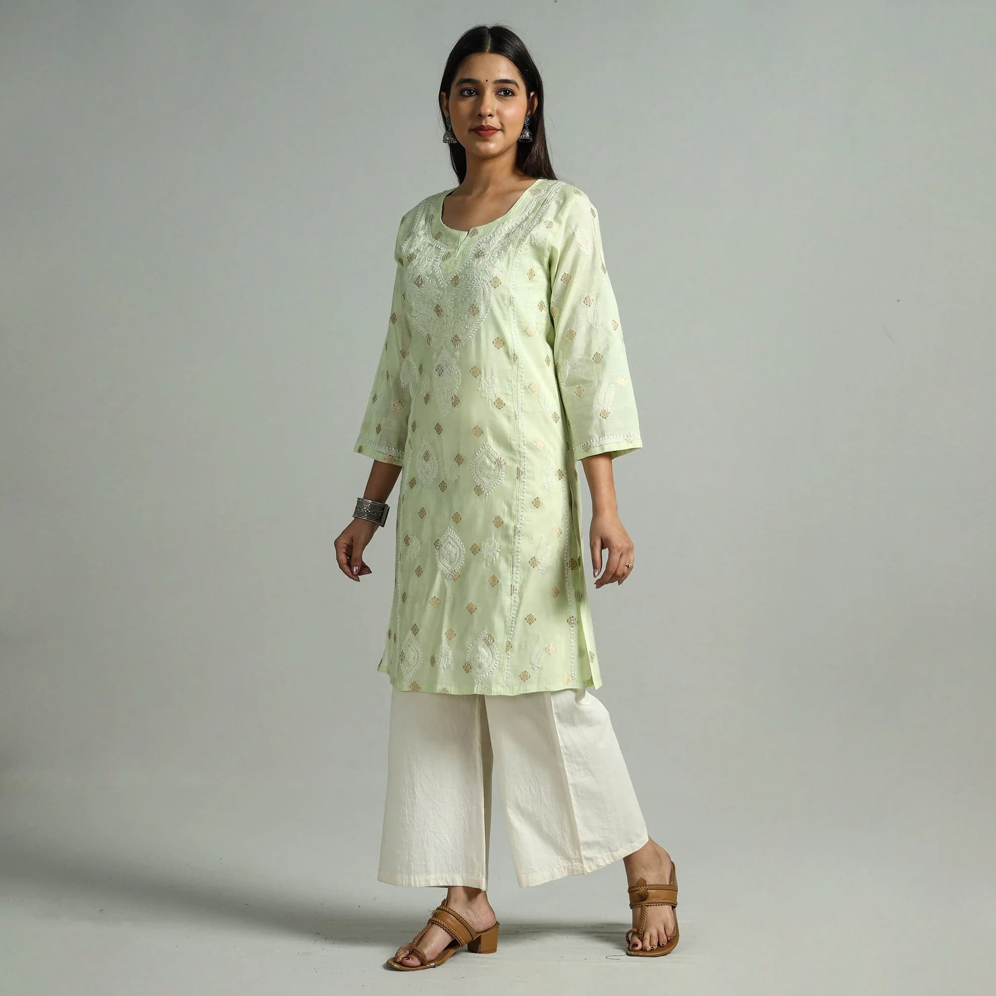 Light Green Chikankari Hand Embroidered Silk Cotton Kurta